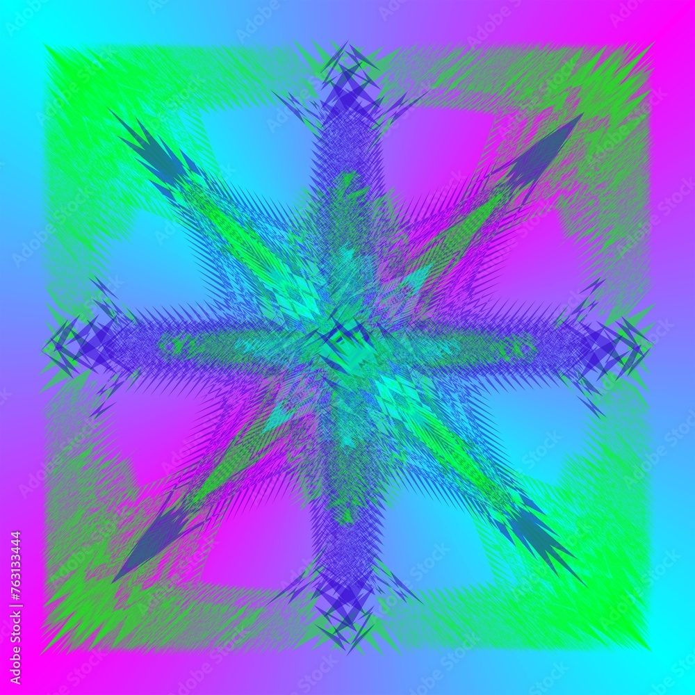 Aufkleber background neon colors, various symmetrically arranged geometric shapes, rays and star with motion e