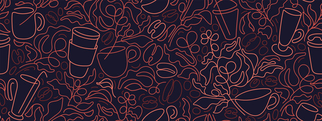 Coffee abstract line Cafe art seamless pattern Cup - obrazy, fototapety, plakaty