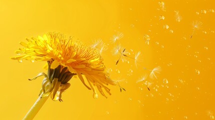 In focus, a large yellow dandelion flower on a yellow background. Spring concept.