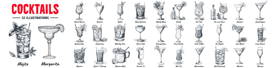 Alcoholic cocktails hand drawn vector illustration. Sketch set. Moscow mule, bloody mary, pina colada, mojito, margarita, daiquiri, Mimosa, long island iced tea, Bellini, margarita.