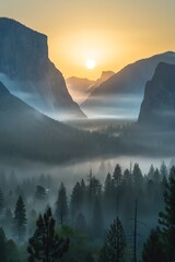 Yosemite National Park, California, USA, with mist rising from the valley below at sunrise