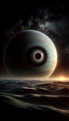Omniscient Watcher: Hypnotic Eye Planet Looming over Shadowed Dunes
