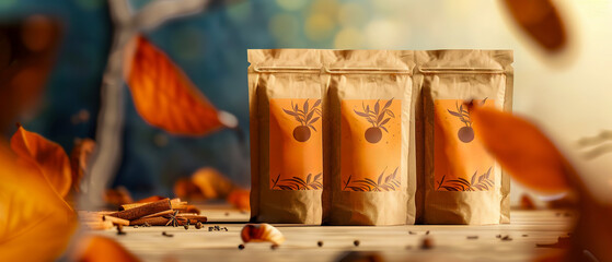 Three bags of cinnamon spices are displayed on a table with autumn leaves scattered around them