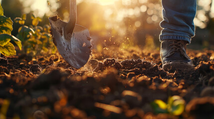 A shovel digs into rich soil with a person in boots standing by during a gardening session. - obrazy, fototapety, plakaty