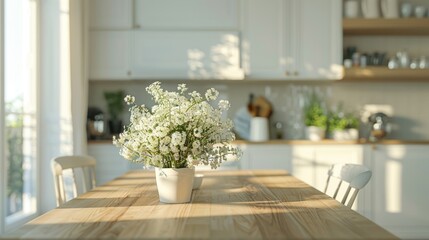Warm sunlight on a rustic wooden table with a fresh bouquet in a bright kitchen