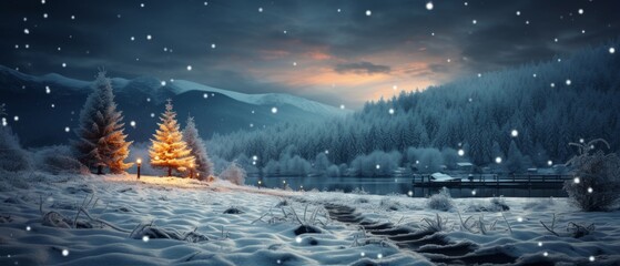 natural, snowy Christmas tree with colorfull lights in the forest