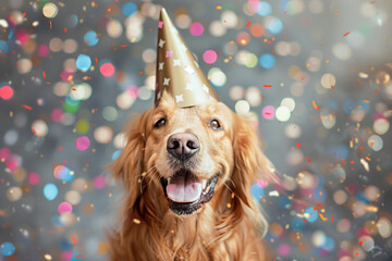 golden retriver dog wearing party hat with blured confetti , festive background