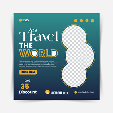 Social media post banner or square flyer design template for travel holiday vacation