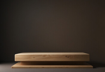 Wooden podium for food, products or cosmetics against dark brown background