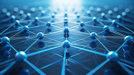 Illustrated blue network grid with glowing nodes and connections, representing communication, data exchange, and technology.
