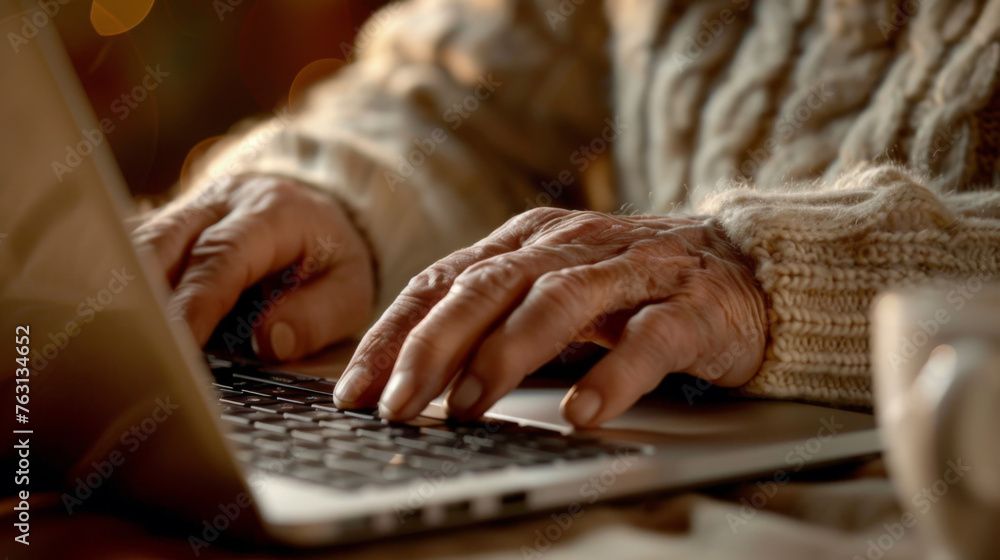 Poster close-up of hands typing on a backlit laptop keyboard in a dimly lit setting.