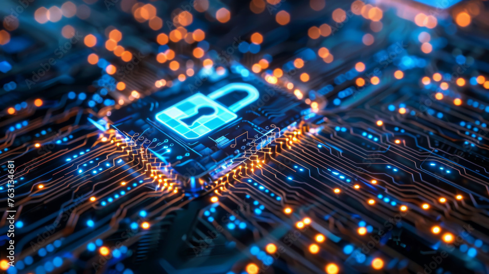 Poster close-up of glowing padlock icon on a complex circuit board, symbolizing advanced cybersecurity meas