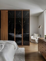 Modern bedroom interior with wooden closet and black marble doors in Scandinavian style.