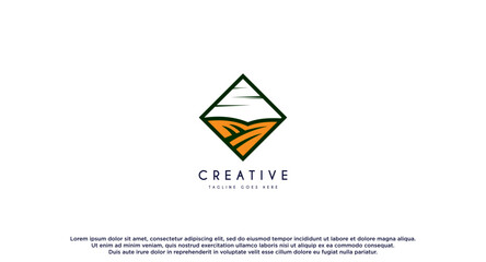 The farm logo template. Meadow silhouette, land symbol with horizon in perspective. Farm food badge. Vector