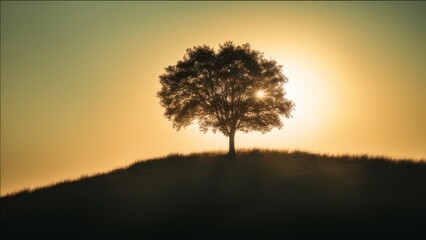  Lonely tree on a hill in the sunset.