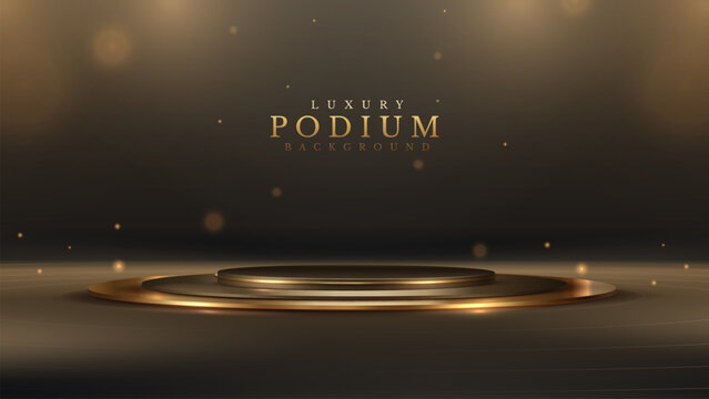 Elegant awards ceremony podium with warm golden ambient light and bokeh. Modern product presentation platform. Black luxury background.