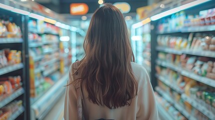 A young woman is shopping for groceries in a supermarket. Generative Ai - obrazy, fototapety, plakaty