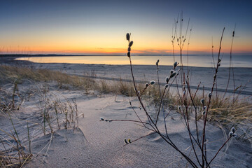 A beautiful sunset on the beach of the Sobieszewo Island at the Baltic Sea at spring. Poland - 763135088