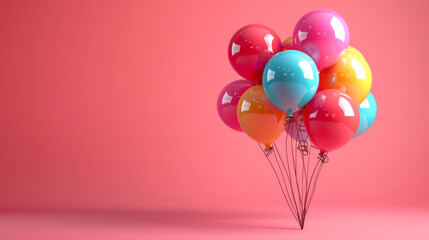 Glossy balloons in soft pastel colors forming a festive bunch against a smooth pink background.