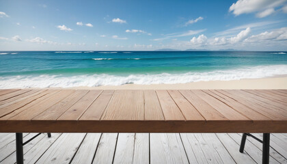 Fototapeta premium Empty wooden tabletop with seascape backdrop for advertising and presentation