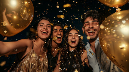 Exuberant friends laugh and celebrate with gold balloons and falling confetti.