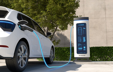 Electric cars Charging at the charging station, Electric power is an alternative fuel. 3D illustration