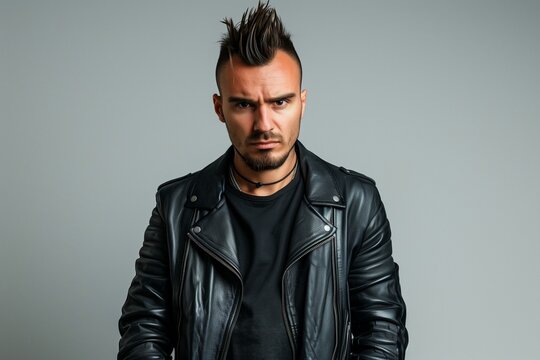Portrait of a confident man with a mohawk hairstyle and a leather jacket looking at camera. 