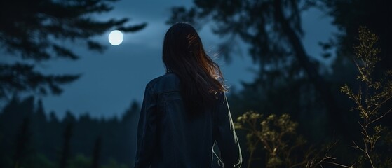woman walking away, profile moonlight lighting, dark serene forest