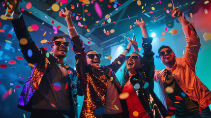 Four friends are celebrating with arms raised amidst a shower of confetti.