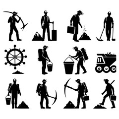 silhouettes SET of illustration Miner