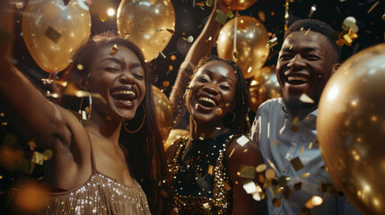 Exuberant friends laugh and celebrate with gold balloons and falling confetti.