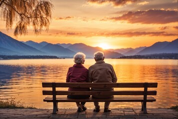 Rear view of an elderly couple sitting on a bench looking at the lake and mountains in the amazing color sunset - obrazy, fototapety, plakaty