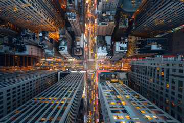 Skyscrapers top view with evening yellow light, modern concept