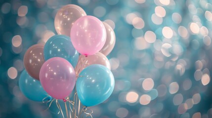 Festive Pink and Blue Balloons Floating on a Dreamy Blue Bokeh Background for Celebration Concept