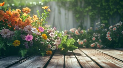 Fototapeta na wymiar Garden flowers on wooden table background for versatile design