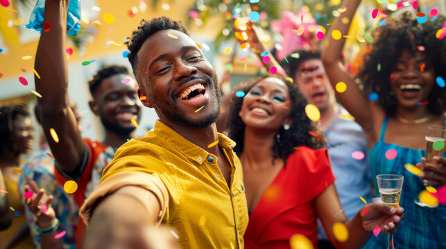 A group of friends is enjoying a vibrant party with confetti and balloons.
