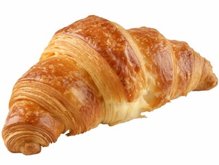 Golden croissant with flaky layers and glossy surface, isolated on a white background.