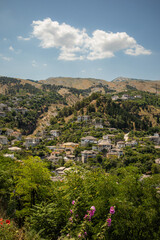 Fototapeta na wymiar Vertical View of Gjirokaster Town in Hilly Outdoor Nature. Architecture and Trees during Summer Day in Southern Albania.
