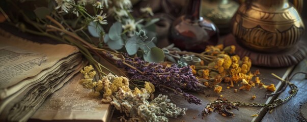 Obraz premium amulet of dried herbs and flowers --ar 5:2 Job ID: a45c9992-ba10-4a0f-9573-2ab465db0d4c