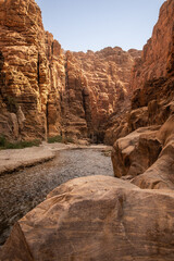 Fototapeta premium Vertical Scenery of Wadi Mujib with Water Stream and Rocky Cliffs. Outdoor Scene or Stones, Sandstone Rock and River in Jordan.