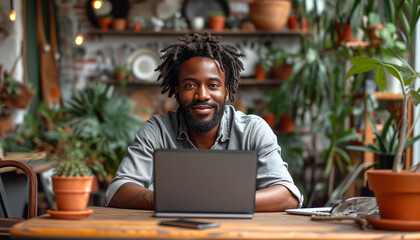Close up of black american man in white tshirt sitting and typing, working on laptop keyboard in...