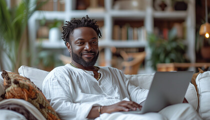Close up of black american man in white tshirt sitting in cozy armchair, working on laptop keyboard...