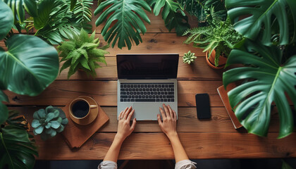 Woman hands on Laptop keyboard, mock up on wood table. Computer, MacBook display close up. Flat lay. Business mockup empty blank space. Modern gadget with plants, flowers, coffee and phone. - obrazy, fototapety, plakaty