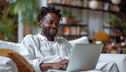 Close up of black american man in white tshirt sitting in cozy armchair, working on laptop keyboard in bright scandinavian interior of living room. Concept of freelance work at home, studying at home. - obrazy, fototapety, plakaty