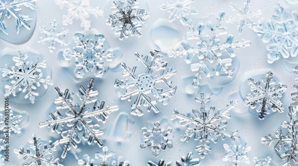 Poster delicate snowflakes with intricate designs are showcased up close, revealing the unique patterns of 