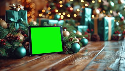 Tablet with green screen, chroma key mock up on the flor in Christmas decorations, gifts. Mockup empty blank space. Modern gadget, Blured Celebration lights on background