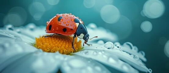 Obraz na płótnie Canvas Closeup of a ladybug perched on a daisy flower covered in sparkling water droplets