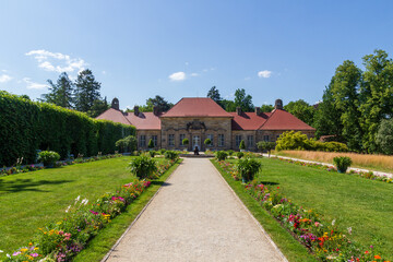 Old palace with fountain and garden in park at Hermitage (Eremitage) Museum in Bayreuth, Bavaria,...