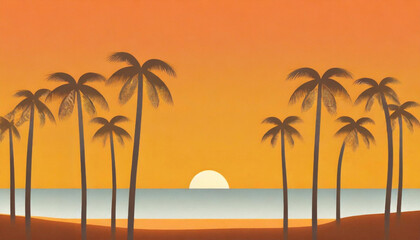 Fototapeta na wymiar Orange sunset over palm trees on the beach, paper cut art. 