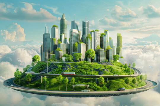 A city on an island floating amidst clouds in the sky, creating a surreal and unique urban landscape